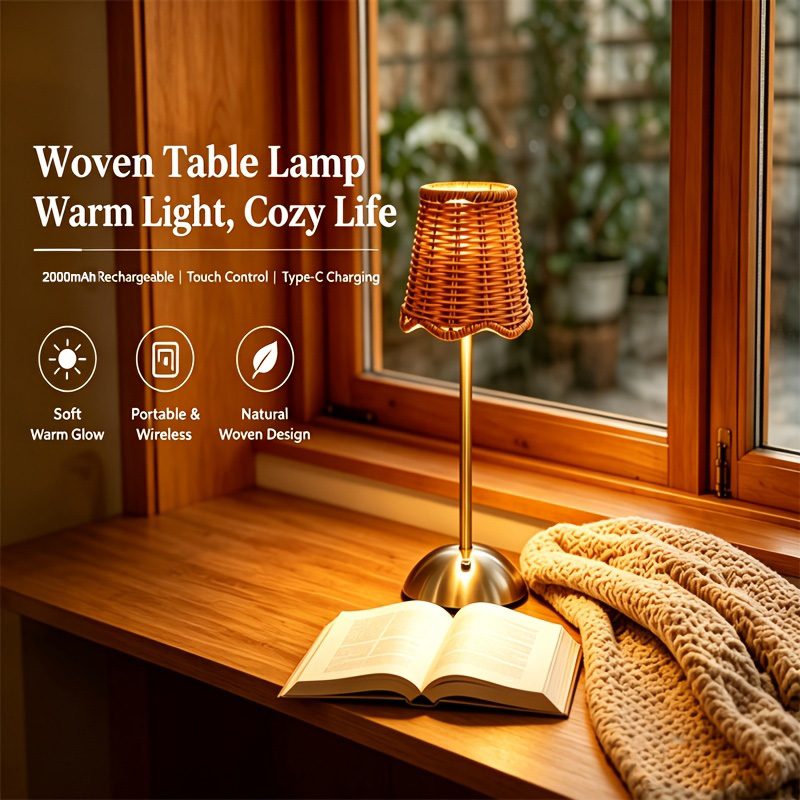 Bedroom Furniture - Luminária de Mesa Artística em Rattan