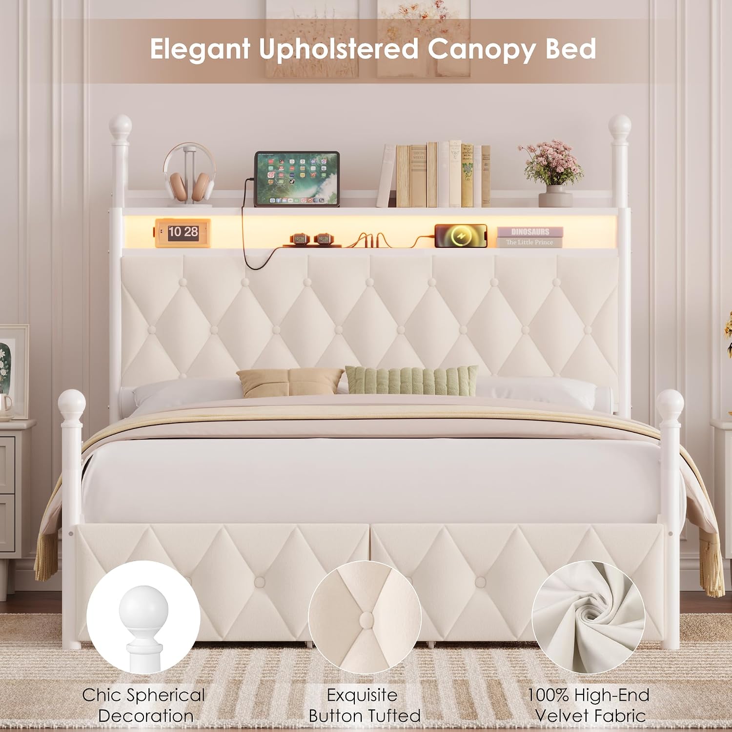 Canopy Bed Frame Metal Queen - Cama com Dossel LED Tamanho Queen