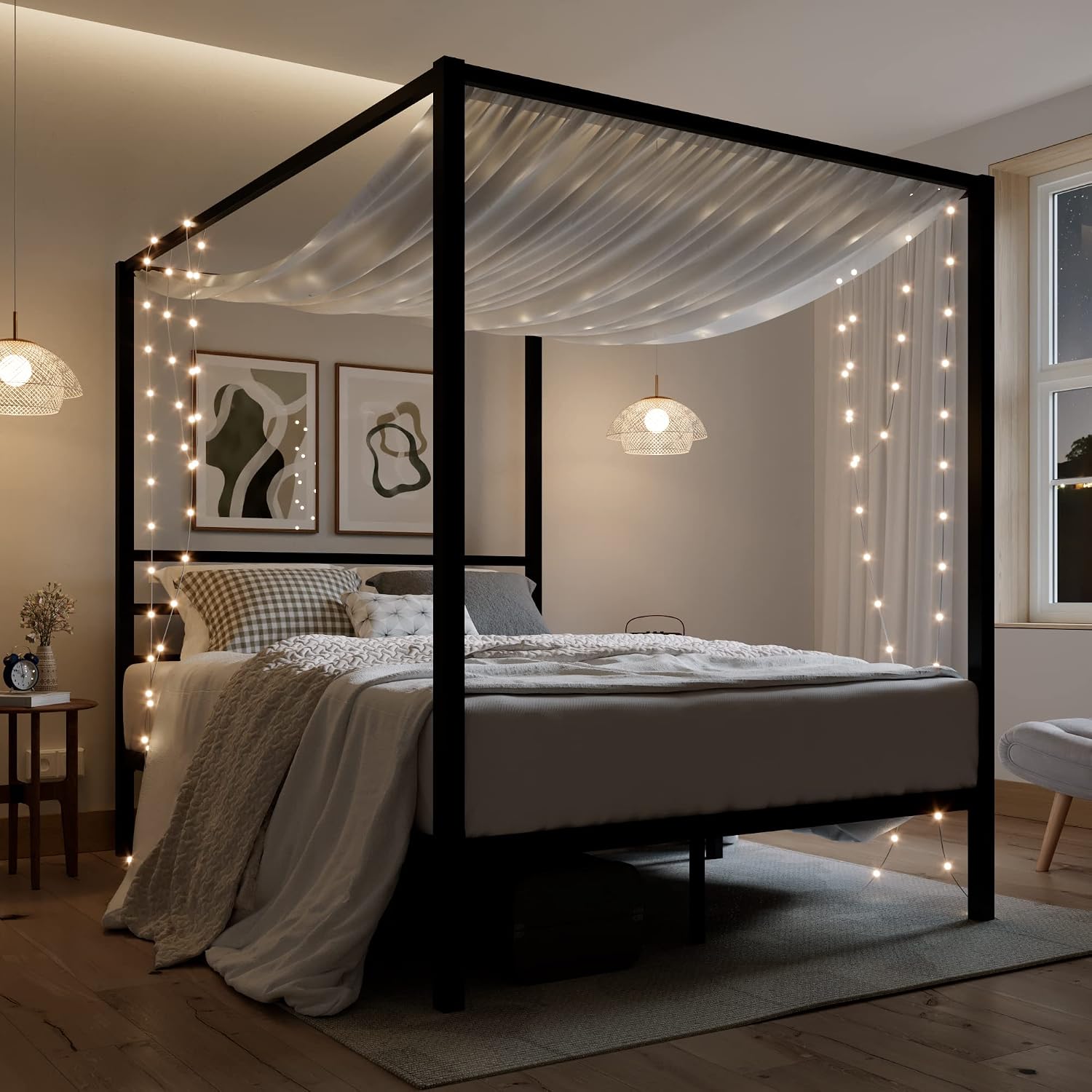 Canopy Bed Frame Metal Queen - Estrutura de Cama com Dossel de