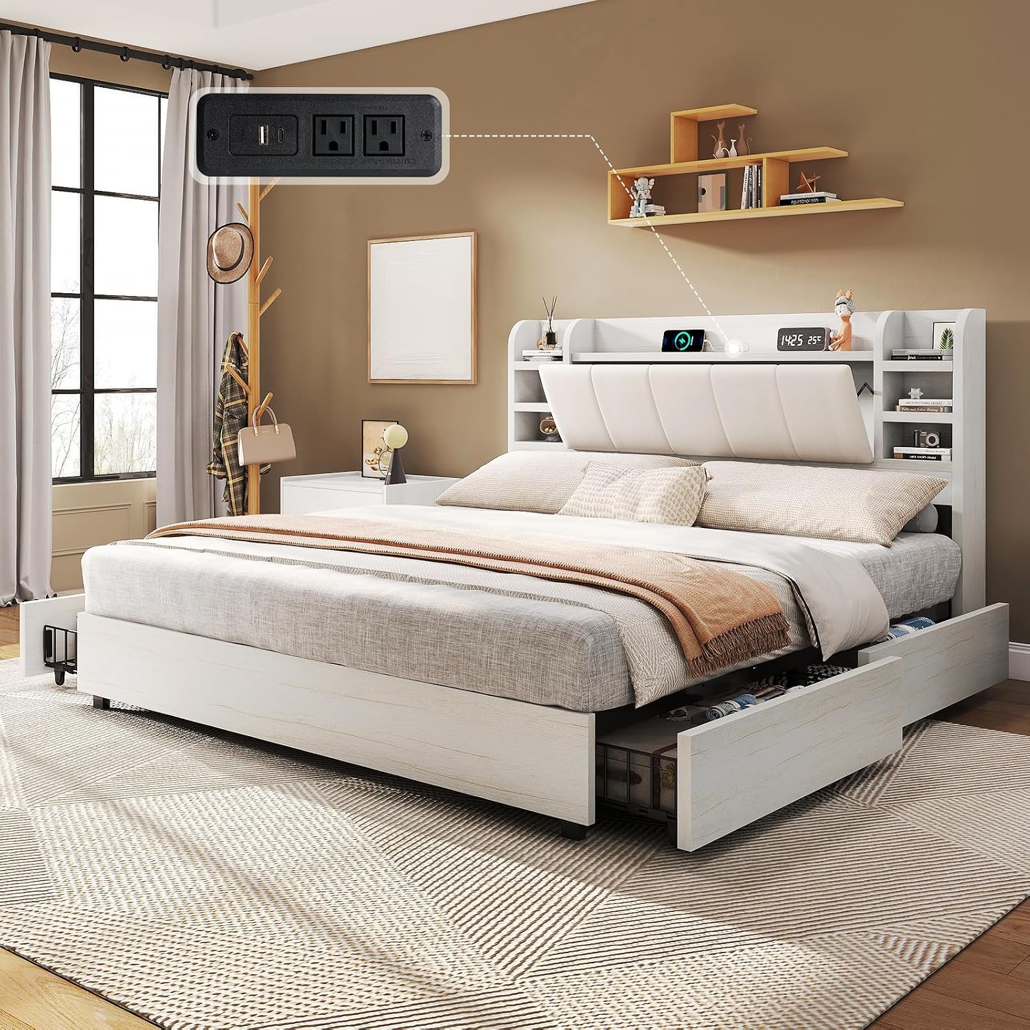 King Size Bed Frame With Storage Drawers - Cama Plataforma Estofada King Size com