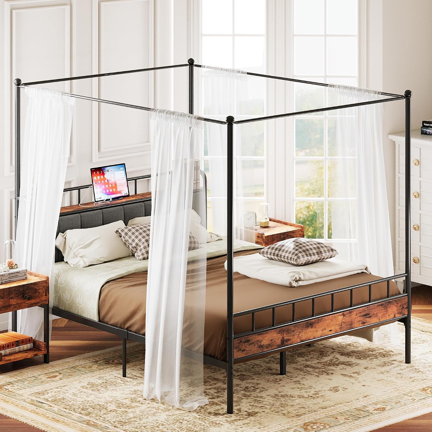 Canopy Bed Frame Metal Queen - Cama Queen com Dossel, Estrutura com